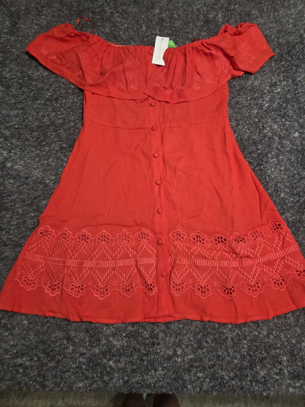 Sugarlips Red Off-Shoulder Button-Front Mini Dress